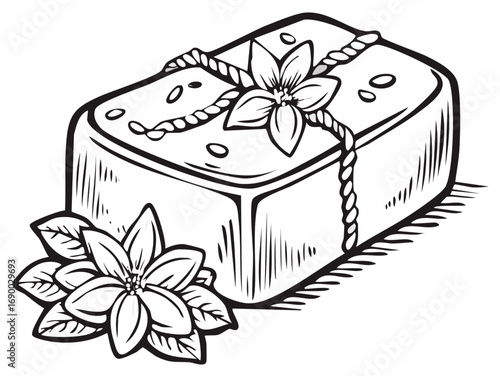 Hand Drawn Wrapped Soap Bar with Flower Outline and Detailed Lines Style Illustration