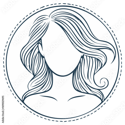 Elegant Female Hairstyle Outline with Wavy Locks in Circular Dash Border