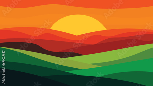 Cartoon Hills Landscape with Rising Sun, Orange Sky, Green Fields and Artistic Design