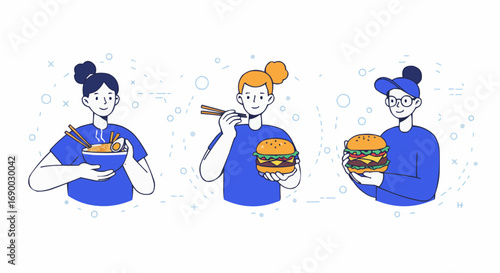 Line art illustration of 3 people with a bun hairstyle holding food items such as noodles and burgers