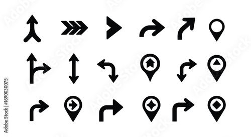 A diverse collection of black vector icons featuring various arrow types and location pins for navigation and user interfaces.