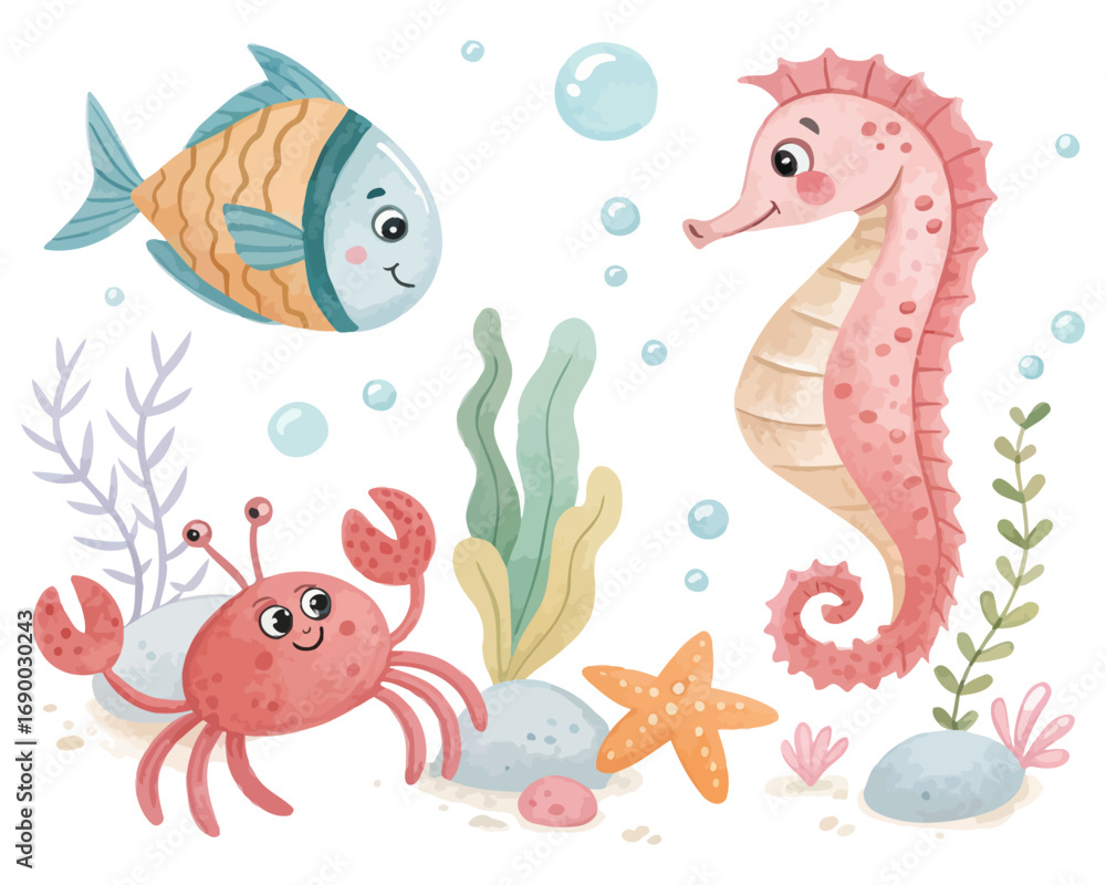 Obraz premium cute Watercolor marine animals