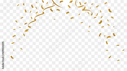 Golden confetti and ribbons falling on white background celebration design element party decor festive backdrop invitation template.