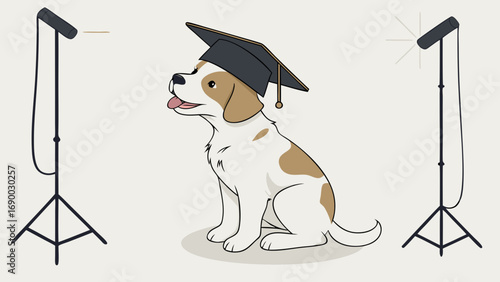 Graduate Dog in Photo Studio Setup Cartoon Illustration.