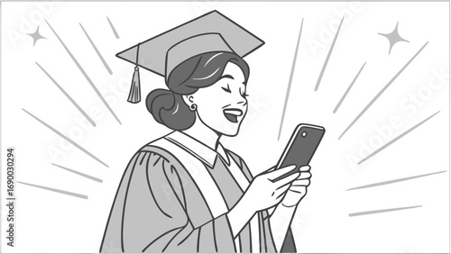 Graduate in cap and gown looking at smartphone celebrating success achievement education graduation technology cellphone mobile phone happy joyful excited news announcement digital online internet wi.