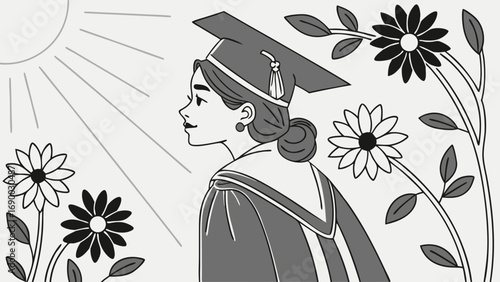 Graduate flowers graduation cap achievement success future hope dreams celebration education academic ceremony degree diploma knowledge learning wisdom growth personal development line art illustrati.