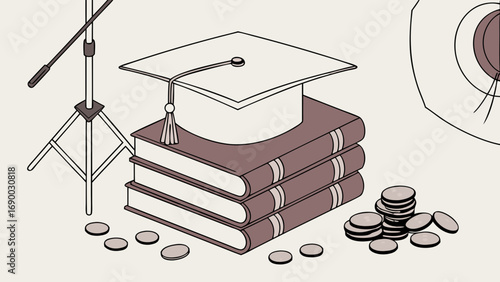 Graduation cap on books coins studio setup education cost academic success learning investment.