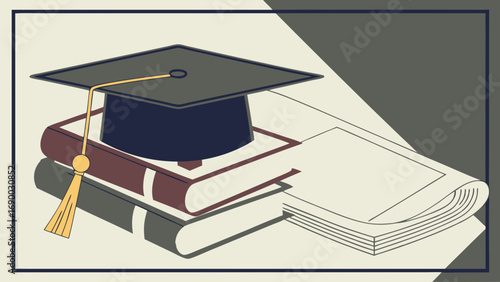 Graduation cap on books education learning knowledge academic achievement success university college school study textbook degree diploma wisdom scholarship library literature reading research learni.