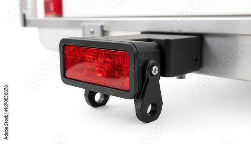 Red trailer light installed on vehicle hitch with metallic background  
