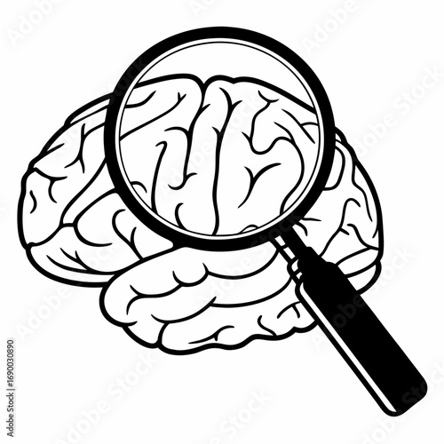 Brain research and analysis concept with magnifying glass for cognitive study and mental health focus 100