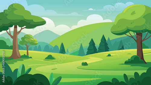 Cartoon Landscape Illustration with Green Hills, Trees, and Cloudy Sky Background