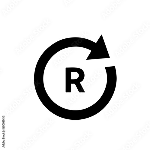 A black and white icon featuring a circular, curved arrow, commonly used for the "redo" function, with the letter 'R' placed in its center