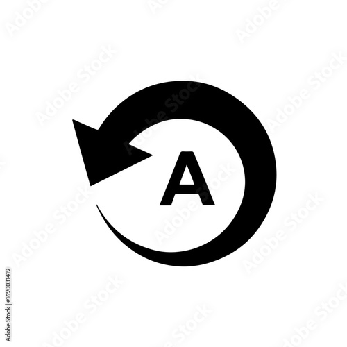 A black and white icon depicting a circular, curved arrow, commonly used for the "undo" function, with the letter 'A' positioned in its center