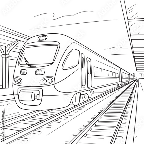 Black and White Illustration of Modern High-Speed Passenger Train at Station