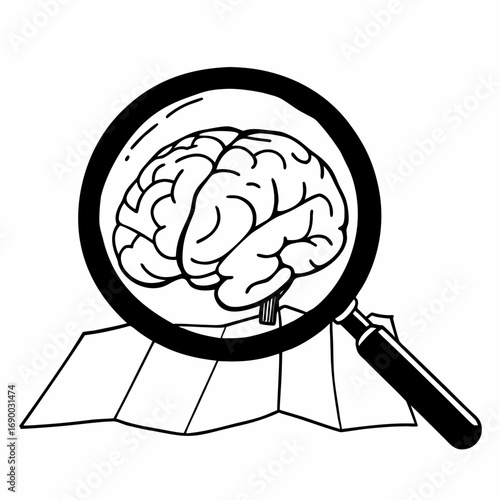 Brain map with magnifying glass for mental health research and cognitive function study and human mind analysis