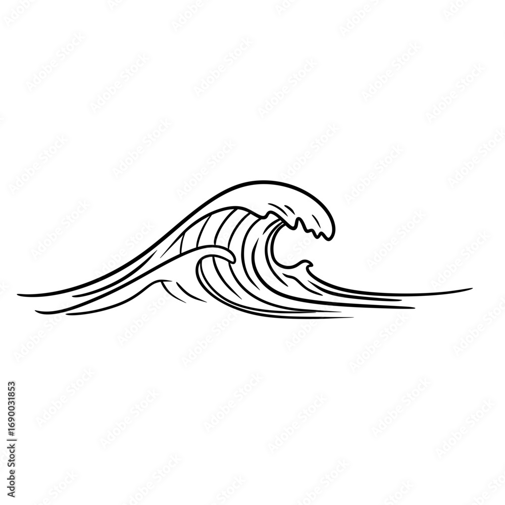 Fototapeta premium Ocean Waves Line Art – Sunset Beach Sketch Illustration