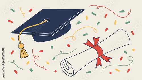 Graduation Cap Diploma and Confetti Celebration Illustration for Education.