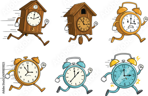 Running cartoon clocks with arms and legs, vintage alarm clocks, cuckoo clocks, funny timepieces, animated clock characters, time management illustration