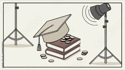 Graduation cap books coins studio lighting education cost academic success financial investment in learning.