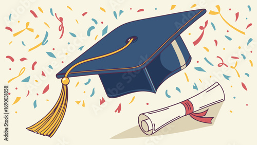 Graduation cap diploma confetti celebration achievement success education academic ceremony graduate commencement degree school university college learning knowledge wisdom future opportunity milesto.