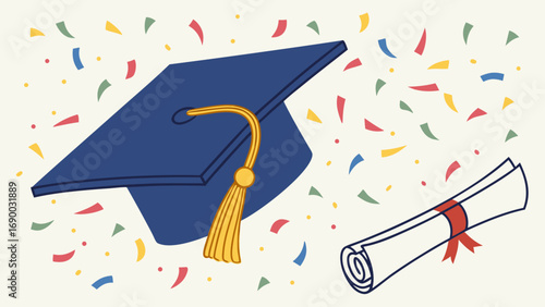 Graduation cap diploma confetti celebration achievement success education learning academic ceremony graduate degree commencement university college school higher education knowledge wisdom future op.