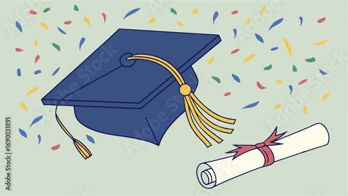 Graduation cap diploma confetti celebration achievement success education academic ceremony graduate degree university college school learning knowledge commencement vector illustration flat design i.