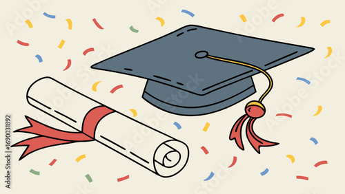 Graduation cap diploma confetti celebration achievement success education learning knowledge academic ceremony degree graduate commencement university college school scholarship award illustration gr.