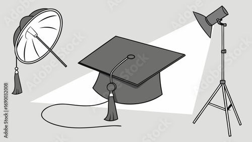 Graduation cap studio lighting photography setup education concept illustration graphic design element academic achievement mortarboard tassel spotlight reflector illustration vector art design eleme.