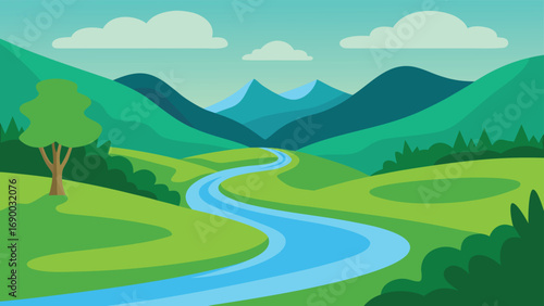 Cartoon Landscape River Flowing Through Green Hills, Mountains, and Cloudy Sky Art