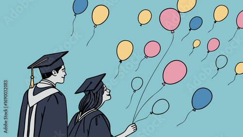 Graduation Celebration Students with Balloons Illustration.