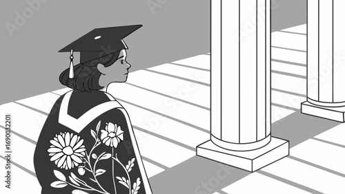 Graduation ceremony illustration student in cap and gown floral design academic achievement future hope success black and white illustration minimalist style vector art commencement ceremony educatio.