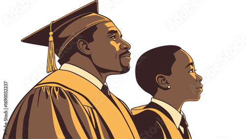 Graduation Ceremony Proud Father and Son in Academic Regalia.