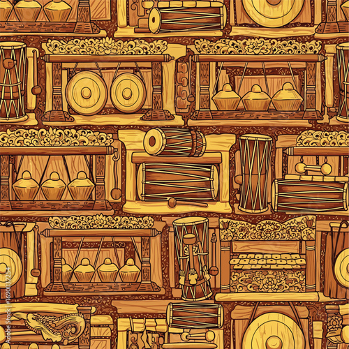 Detailed illustration of traditional Indonesian gamelan musical instruments pattern, patern seamless, Stock royalty.