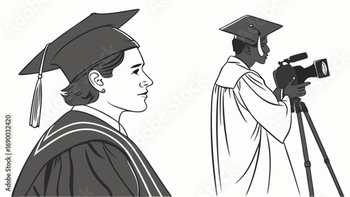 Graduation ceremony student cameraman video recording academic gown cap illustration black and white vector graphic profile view ceremony education university college school achievement success comme.