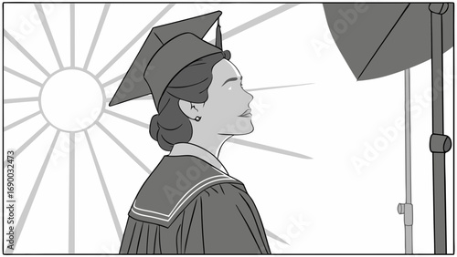 Graduation ceremony student graduate cap and gown achievement success education hope future portrait illustration black and white monochrome artistic design vector graphic artwork hopeful optimistic .