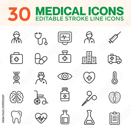 Healthcare and Medical icon set. Containing healthcare, doctor, hospital, ambulance, clinic, pharmacy, medicine, nurse, pills, treatment, surgery and more. Editable line icons. Vector illustration. 