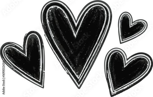 Hand-drawn black hearts, varying sizes, textured lines, romantic design elements.