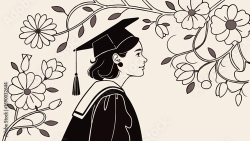 Graduation illustration female graduate profile floral design academic achievement congratulatory art commencement ceremony success education diploma cap and gown black and white minimalist art simpl.