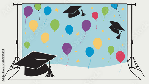 Graduation party backdrop design with colorful balloons and graduation caps illustration.