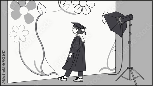 Graduation Photo Shoot Illustration Graduate in Cap and Gown Studio Lighting Floral Backdrop.