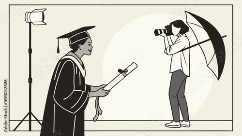 Graduation Photography Session Studio Portrait of Graduate Holding Diploma Black and White Illustration.