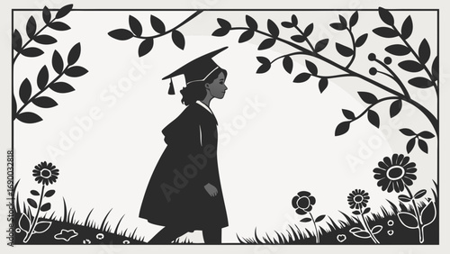 Graduation silhouette cap gown floral frame achievement success ceremony education springtime walk nature leaves flowers black and white vector illustration card design graduate commencement diploma .