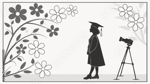Graduation Silhouette with Camera and Floral Design Perfect for Announcements Invitations or Educational Projects.