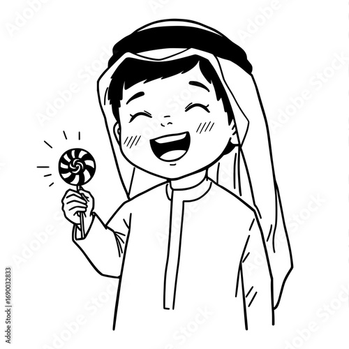 Outline Cartoon Boy in Traditional Thobe with Lollipop