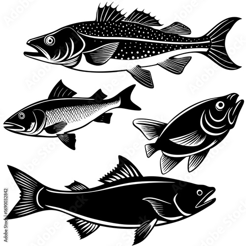 Vector art of monochrome vector illustration of different fish species, perfect for aquatic and fishing themes