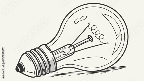 Hand-drawn illustration of a light bulb lying on its side showcasing detailed filament and base.