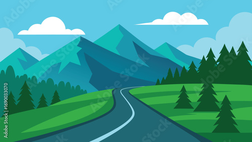Cartoon Landscape Winding Road Through Green Hills, Mountains, Evergreen Trees, and Cloudy Blue Sky