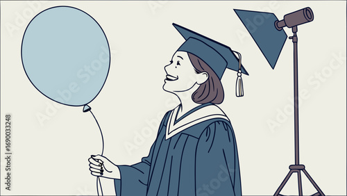 Happy graduate in cap and gown holding a balloon studio lighting setup illustration.