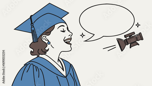 Happy graduate in cap and gown with speech bubble and camera illustration education achievement success commencement celebration graduation ceremony retro style vector art cartoon character flat desi.