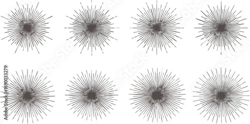 Eight abstract circular designs with radiating lines, arranged in two rows on a white background.